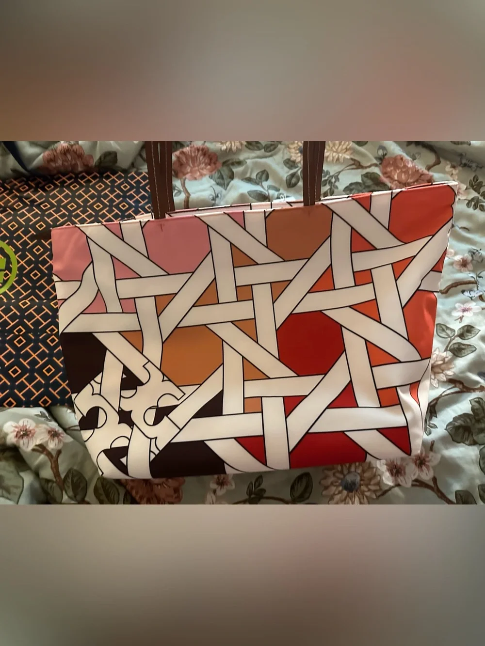 NWT Tory Burch Pink/Red Nylon Basket Weave Tote Bag